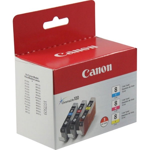 Picture of Canon 0621B016 (CLI-8) OEM Yellow, Magenta, Cyan Inkjet Cartridge (3 pk)