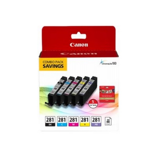 Picture of Canon 2091C006 (CLI-281) OEM Black, Cyan, Magenta, Yellow, Photo Black Glossy Sheets and Ink Set (Square Combo Pack)